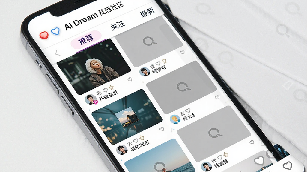 AI Dream ����������棬�ֻ���Ļ��ʾ�ٲ������ֵ�ͼƬ�㳡��ÿ��ͼƬ�·���ʾ����ͷ�񡢵������ͼ�������ʣ���Ļ�����С��Ƽ�������ע�������¡�������ǩҳ������Ϊ�����ٲ��������Ϊ����Ӧ�ý��棬ϸ�ڰ������ް�ť�ĸ���״̬��ͼƬ����ռλ���������������ɾ����޶���Ԫ��