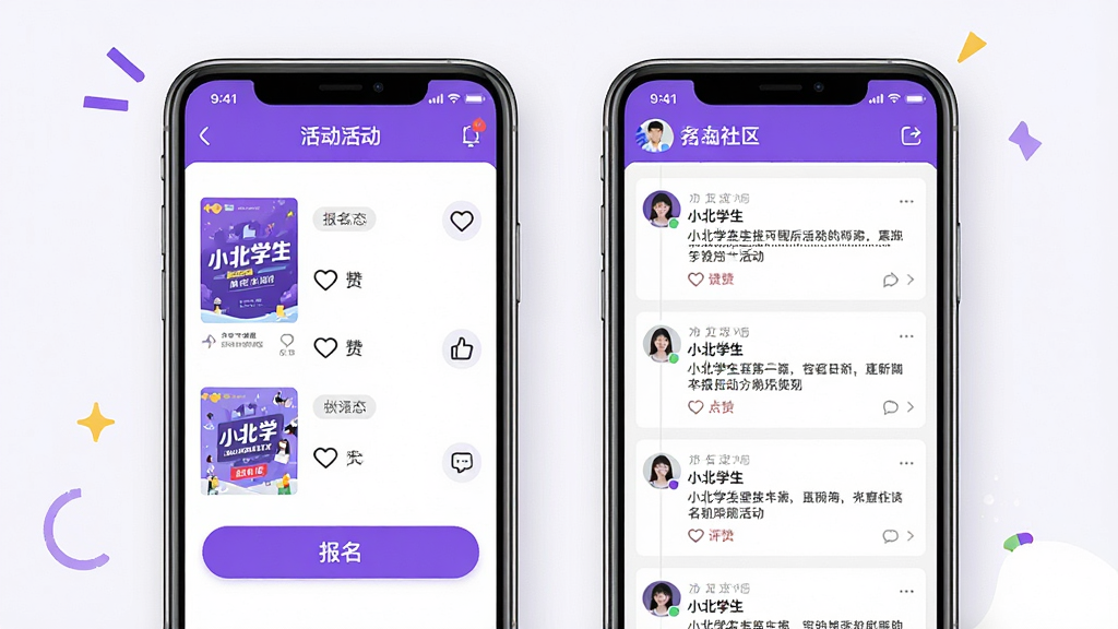 һ��չʾ��С��ѧ����APP������뻥���������ܵĽ���ͼ������Ϊ�����ֻ�����չʾ������ֻ���ʾ��б��ͱ�����ť���Ҳ��ֻ���ʾ�������������������ֲ���˫�������Ű棬���������죬ɫ������ɫ�Ͱ�ɫΪ����ϸ�ڰ������������ͼ������״̬��ǩ����������ͼ�꣬���ʸ��壬�ɾ����޶���Ԫ��