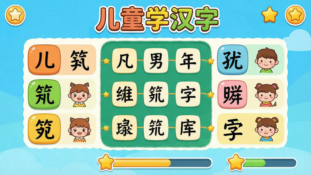 ��ͨ���Ķ�ͯ��Ϸ���棬��Ļ�Ϸ���ʾ����ͯѧ���֡����⣬�м��Ǻ�����������Ϸ�����������зֱ������ź��ֺͶ�Ӧ��ͼƬ�����ֲ��þ��жԳƽṹ���Ű����������Ϊɫ�����޵ı�ƽ����ƣ�ϸ�ڰ���Բ�ǰ�ť�����ǽ���ͼ��ͽ����������ʸ��塢�ɾ����޶���Ԫ��