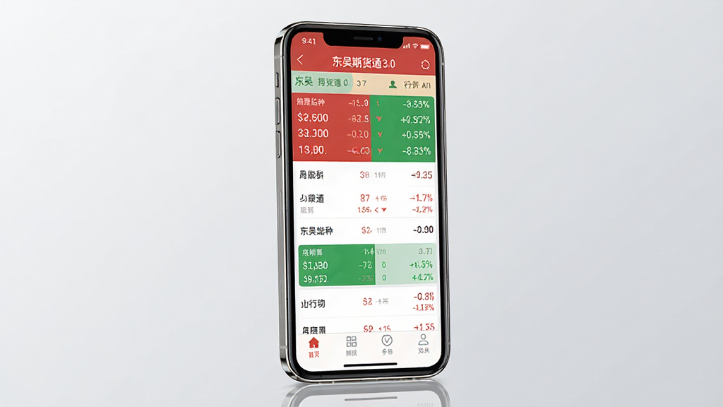 一张展示东吴期货通手机应用界面的图片,主体为一部竖屏智能手机,屏幕上显示东吴期货通3.0版本的行情列表页面,包含红绿相间的期货品种报价、涨跌幅数字和底部导航栏图标。布局采用居中构图,手机略微倾斜展示屏幕内容。排版简洁,背景为浅灰渐变。风格为现代科技感UI展示图,细节上手机边框有轻微反光,屏幕内文字清晰可辨,包含中文界面元素。画质高清,画面干净,无多余元素。