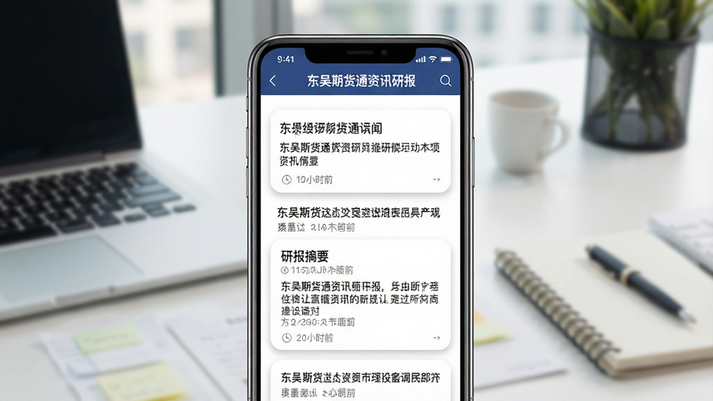 一张展示东吴期货通资讯研报推送功能的图片,主体为手机屏幕显示新闻资讯列表和研报摘要卡片。布局为手机居中,背景有轻微虚化的办公桌面元素。排版上资讯卡片有清晰标题和时间标签。风格为商务资讯类应用展示图。细节上资讯标题包含中文文字,卡片有圆角阴影。画质高清,画面干净,无多余元素。