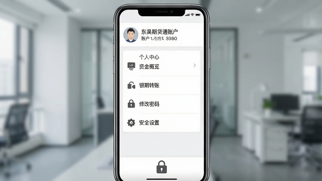 一张展示东吴期货通账户管理页面的图片,主体为手机屏幕显示个人中心界面,包含资金概览、银期转账、修改密码、安全设置等菜单项。布局为手机竖屏居中。排版上功能入口以图标加文字的形式纵向排列。风格为简洁移动端UI展示。细节上顶部有用户头像和账户信息,底部有安全锁标识。画质高清,画面干净,无多余元素。