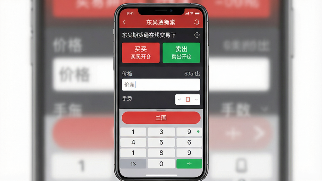 一张展示东吴期货通在线交易下单界面的图片,主体为手机屏幕,屏幕上显示买入开仓、卖出开仓、价格输入框、手数选择等交易操作元素。布局为手机竖屏居中展示。排版上交易面板占据屏幕主要区域。风格为移动端金融应用界面展示。细节上下单按钮为醒目的红色和绿色,数字键盘半透明浮层。画质高清,画面干净,无多余元素。