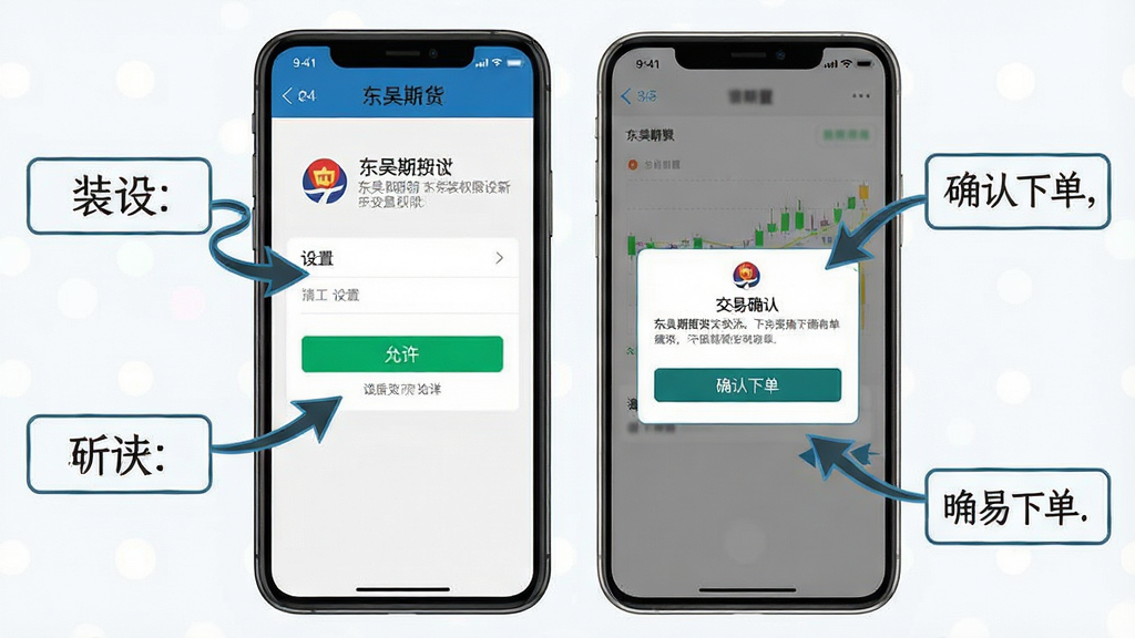 一张展示东吴期货通新手操作指引的图片,主体为手机屏幕显示安装权限设置界面和交易确认弹窗。布局为手机居中,旁边有箭头和文字标注框。排版上标注框指向屏幕中的关键按钮。风格为教程图解风格。细节上标注文字为中文,包含“允许”“确认下单”等字样。画质高清,画面干净,无多余元素。