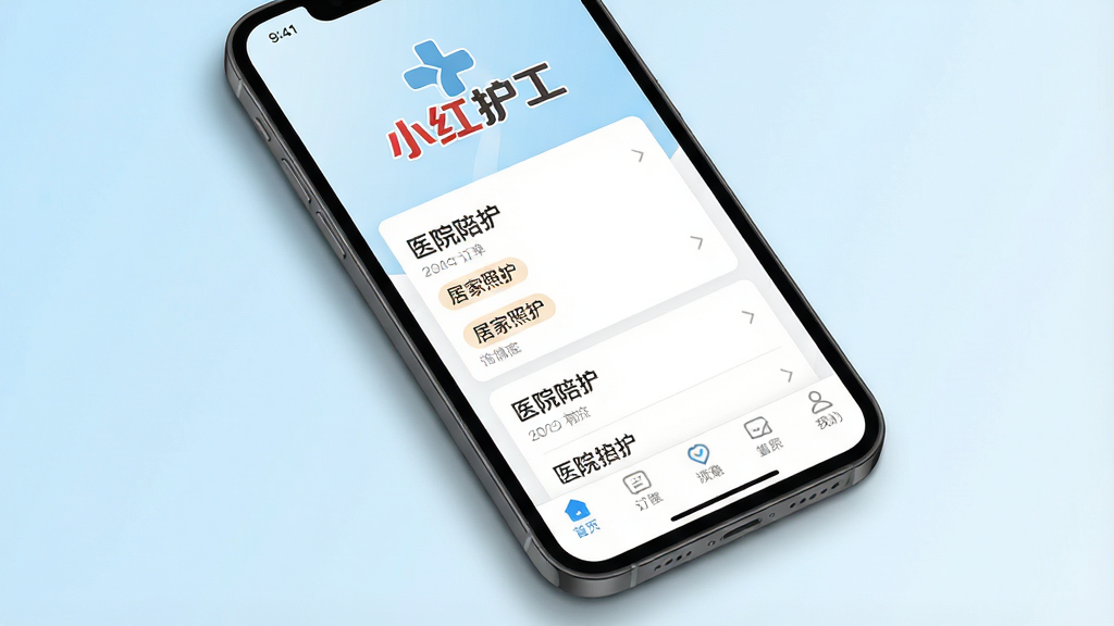 һ��չʾ�����ֻ���Ļ��ͼƬ����Ļ����ʾ��С�커����APP����ҳ���棬�����Ϸ��С�С�커�����ĸ��ֵ�Logo���м��Ƕ����б���Ƭ����Ƭ����ʾ��ҽԺ�㻤�����Ӽ��ջ����ȱ�ǩ���ײ��е�����������Ϊ�ɾ���ǳ��ɫ���䣬�ֻ���Χ����͵���Ӱ�����������¼�࣬�����������޶���Ԫ�ء�