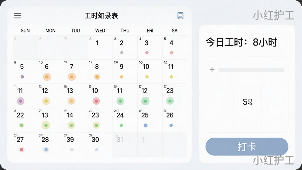 һ�������빤ʱ��¼�����ͼƬ��������չʾһ��������ͼ�����������·��в�ɫԲ���ǣ��Ҳ��С����չ�ʱ��8Сʱ�������֣��ײ��С��򿨡���ť��������Ϊǳɫϵ���������������С�С�커����ˮӡ����������ϸ�壬������Ԫ�ء�