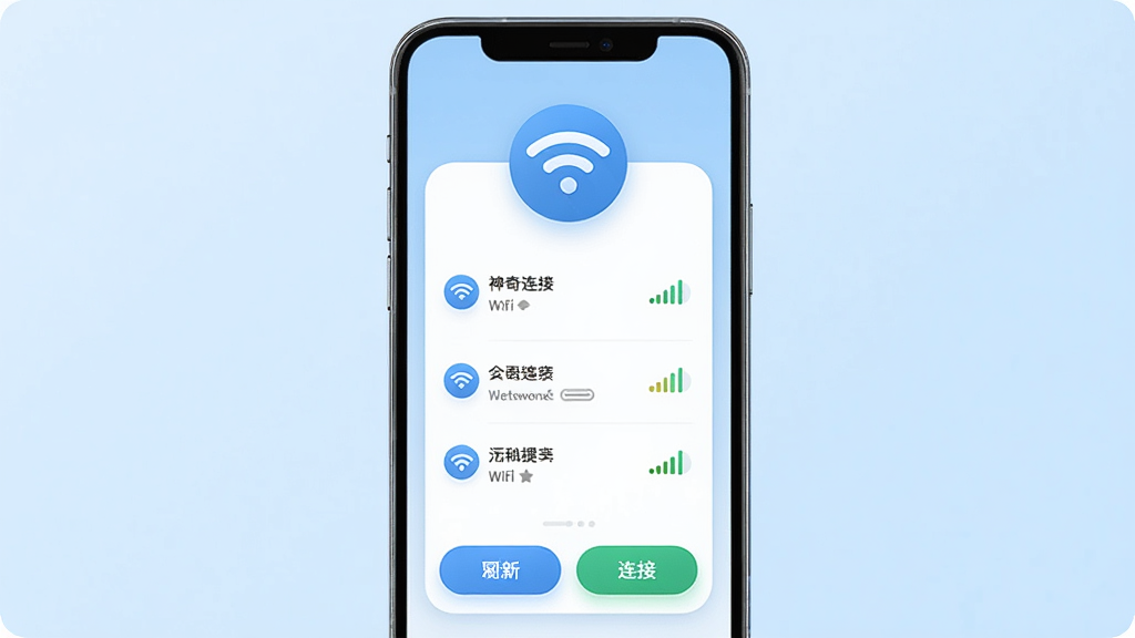 һ��չʾ�����ֻ���Ļ��ͼƬ����Ļ������wifi������������Կ�������������棬�������Բ�ǿ�Ƭʽ���֣���������Ŀ��WiFi�ź�ͼ�꣬�м��г���������������ƺ��ź�ǿ�ȱ�ʶ���ײ���ˢ�º����Ӱ�ť������Ϊ�ɾ���ǳ��ɫ���䣬������ִ��������������޶���Ԫ��