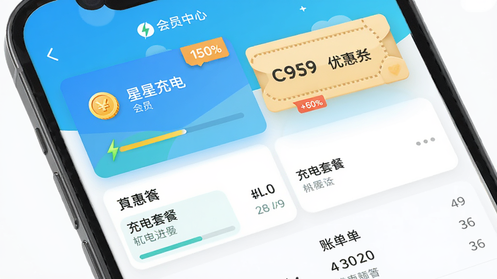 �ֻ���Ļ��ʾ���ǳ��APP�Ļ�Ա����ҳ�棬ҳ�����л�Ա��Ƭ���Ż�ȯͼ�ꡢ����ײ�ѡ����˵��б�������ΪAPP���棬����Ϊ���»���ʽ��Ƭ���У����Ϊ���±�ƽ����ƣ�ϸ�ڰ������ͼ�ꡢ�ۿ۱�ǩ�������������ʸ��壬�ɾ����޶���Ԫ��