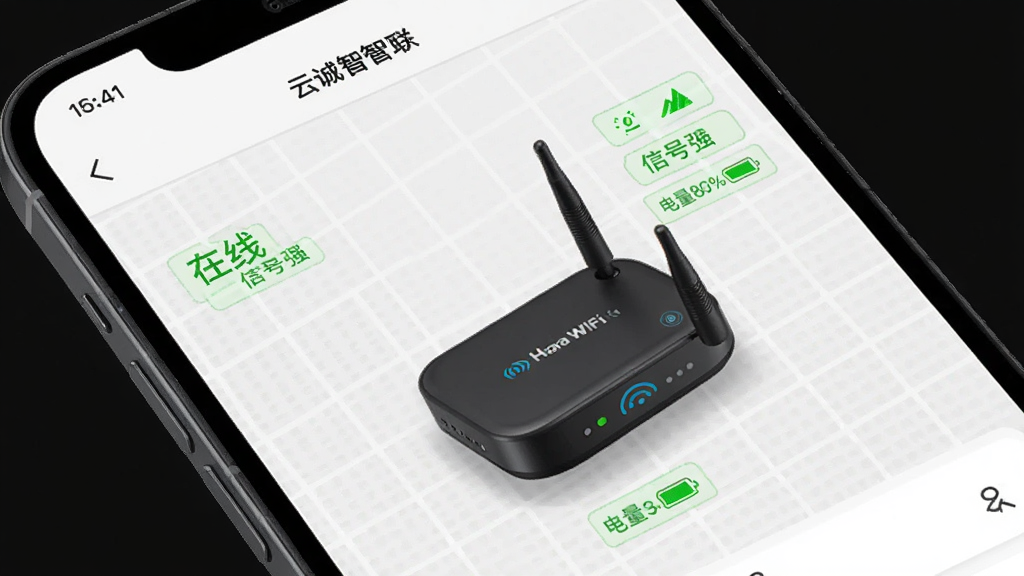 һ���ֻ���Ļ��ʾ�Ƴ�����APP���豸����ҳ�棬ҳ����������WiFi�豸��3D��Ⱦͼ���Ա߱�ע�����ߡ����ź�ǿ��������80%����״̬��ǩ�������ǵ���ɫ������������������񣬻���������������Ԫ�ء�