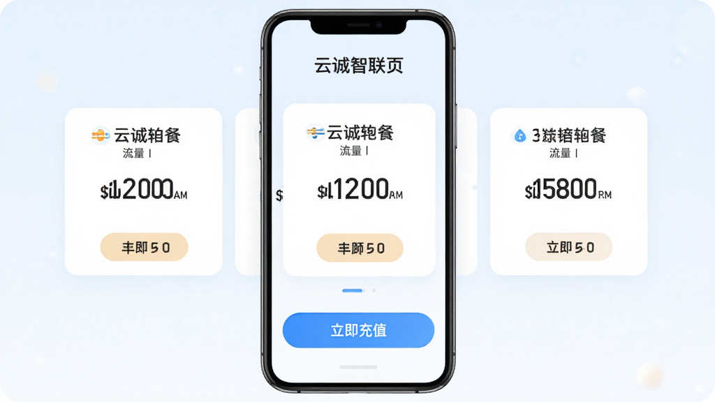 �Ƴ�����APP�ײͳ�ֵҳ�棬չʾ��������ײͿ�Ƭ����ע�۸��������ȣ��ײ��С�������ֵ����ť��ҳ��������ǳɫ���Ű����룬���ʸɾ����޶���װ�Ρ�