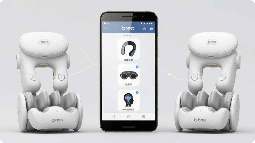һ��չʾbreo������Ʒ�����ܰ�Ħ�豸���ֻ�App���ӳ�����ͼƬ������������һ����׿�ֻ�����Ļ����ʾbreoӦ�������棬�����а�����׵��Ħ�����۲���Ħ����ͷ����Ħ�������豸ͼ�꣬�ֻ���Χ�����Ŷ�Ӧ�İ�ɫ��Ħ����ʵ�����Ϊǳ��ɫ��Լ��񣬲��ֲ��þ��жԳƹ�ͼ���Ű�ɾ����࣬���Ϊ�ִ��Ƽ���Ʒչʾ�磬ϸ�����ֻ���Ļ����΢���⣬��Ħ�����ʳ����ƹ��ʸУ�����Ϊ4K���壬�ɾ��޶���Ԫ��
