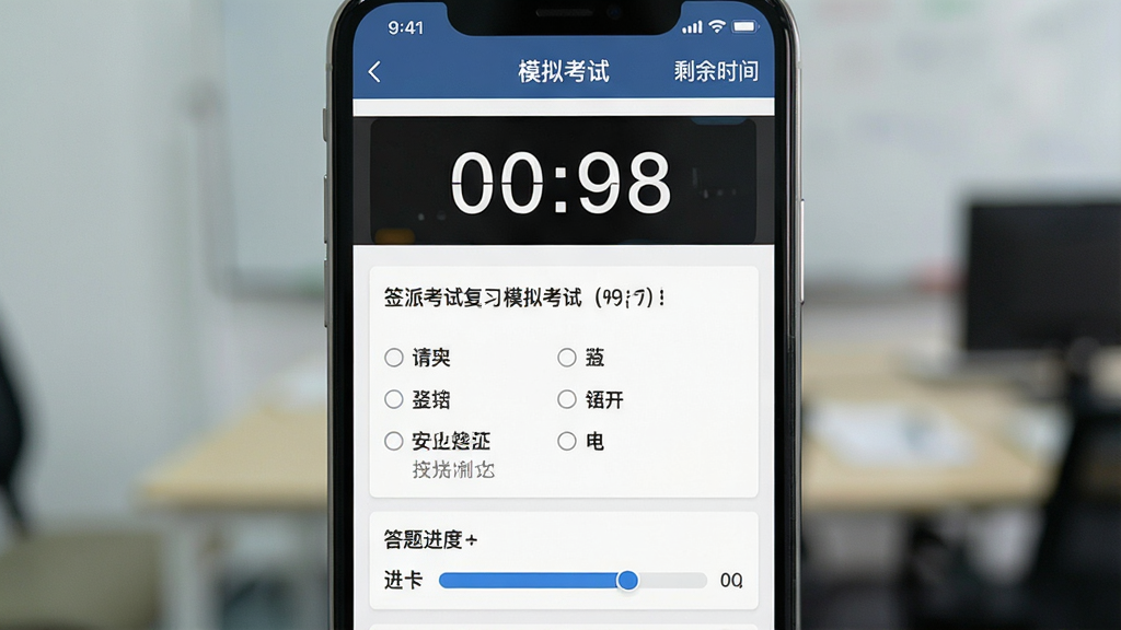 һ��չʾǩ�ɿ��Ը�ϰģ�⿼�Խ����ͼƬ������Ϊ�ֻ���Ļ����Ļ����ʾ����ʱ���ֺ�һ��ѡ���⣬ѡ���·��д��⿨���ȣ�����Ϊ���½ṹ�����Ϊ��࿼��ϵͳ���棬ϸ�ڰ���������ģ�⿼�ԡ������ʣ��ʱ����ʾ�������������ɾ����޶���Ԫ��