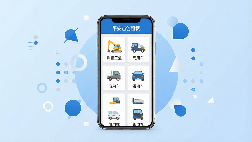 ��������Ϊһ�������ֻ�����Ļ��ʾƽ���㴴����Ӧ���еĲ�Ʒ�б�ҳ�棬ҳ�������������Ź��̻�е�����ó������ó��ȶ�����޲�Ʒͼ�ꡣ�ֻ�������һ��ǳ��ɫ���䱳�����룬��Χ�����ż��ļ���ͼ��װ�Ρ����ֲ��þ��жԳƹ�ͼ���ֻ���ĻΪ�Ӿ����ġ����Ϊ��ƽ���Ƽ��磬ɫ������ɫ����ɫ��ǳ��ɫΪ����ϸ����ÿ����Ʒͼ���·����м�����ֱ�ע����Ļ������ʾ��ƽ���㴴���ޡ�����������Ҫ����塢�ɾ����޶���Ԫ�أ������Ӿ���ˬרҵ��