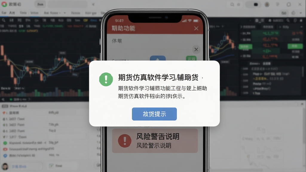 期货仿真软件学习辅助功能展示,手机屏幕显示交易提示弹窗与风险警示说明,背景为模拟交易界面,主体突出提示内容,布局居中,排版简洁,风格友好易懂,细节包含文字说明、图标提示,画质高清、干净、无多余元素