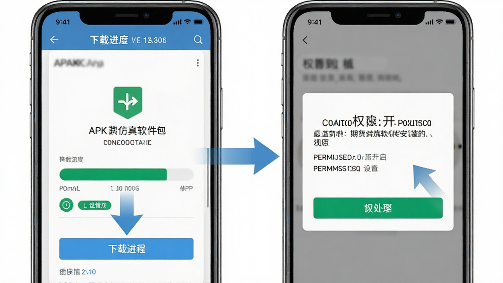 期货仿真软件安装步骤示意图,手机屏幕显示APK安装界面与权限设置页面,画面分为左右两部分,左侧为下载进度,右侧为权限开启提示,主体突出安装流程,布局对比清晰,排版简洁,风格教程指引,细节包含按钮高亮、箭头指示,画质高清、干净、无多余元素