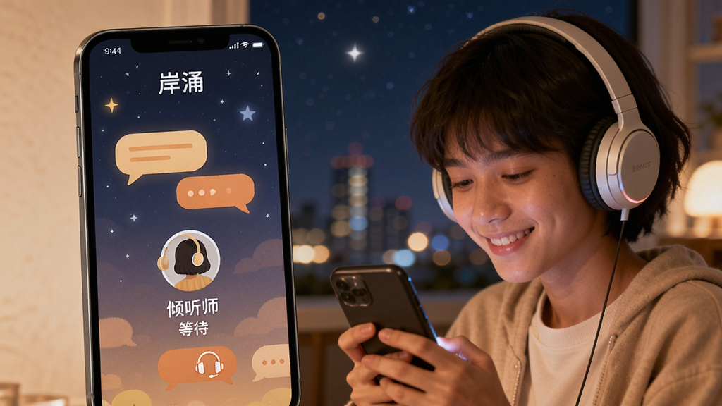 ��ӿApp��ʱ���߹��ܽ��棬�ֻ���Ļ��ʾƥ������ʦ�ĵȴ�ҳ�棬����������ů�ĶԻ����ݺͶ���ͼ�꣬������ҹ���ǿ�����еƹ⣬ɫ�������ů��һλ�����˴��Ŷ���΢Ц�����ֻ�����Χ���������������࣬ͻ��