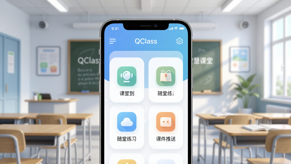 ��������չʾһ�������ֻ�����Ļ��ʾQClassӦ�������棬�����������ǩ����������ϰ���μ����͵�ģ��ͼ�꣬�������������ִ������ң��ڰ�����