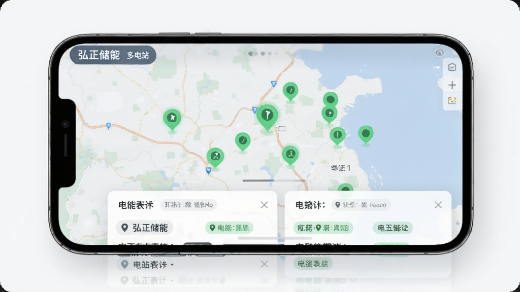 �������ܶ��վ��ͼ�������棬�ֻ���Ļ��ʾ��ͼ�϶����ɫ��ǵ�������ܵ�վ���ײ��е�վ�б���Ƭ�����ֲ�η���������ִ���Լ��ϸ���ж�λͼ���״̬��ǩ�����ʸ��壬�ɾ����޶���Ԫ��