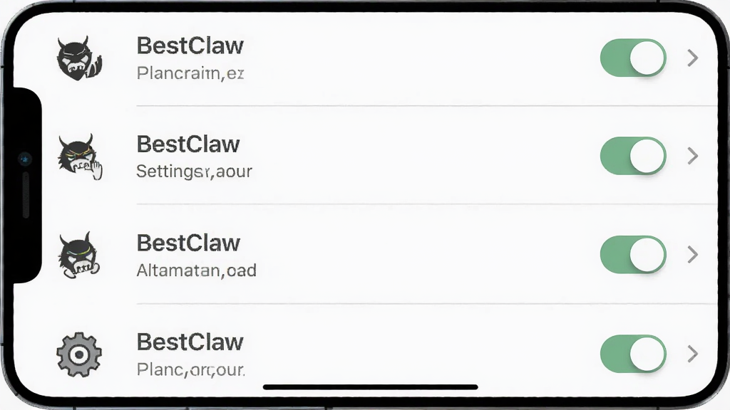 ����Ϊ BestClaw Ӧ�õ�����ҳ���ͼ������Ϊ�����б���ʽ��ÿ�����Ϊͼ�꣬�м�Ϊ�������ƣ��Ҳ�Ϊ���ػ��ͷ���Ű����������Ϊ����ǳɫ���ϸ�ڰ���ϸ�ָ��ߡ���ɫ�������֡���ɫ���������ʸ��壬�ɾ����޶���Ԫ�ء�