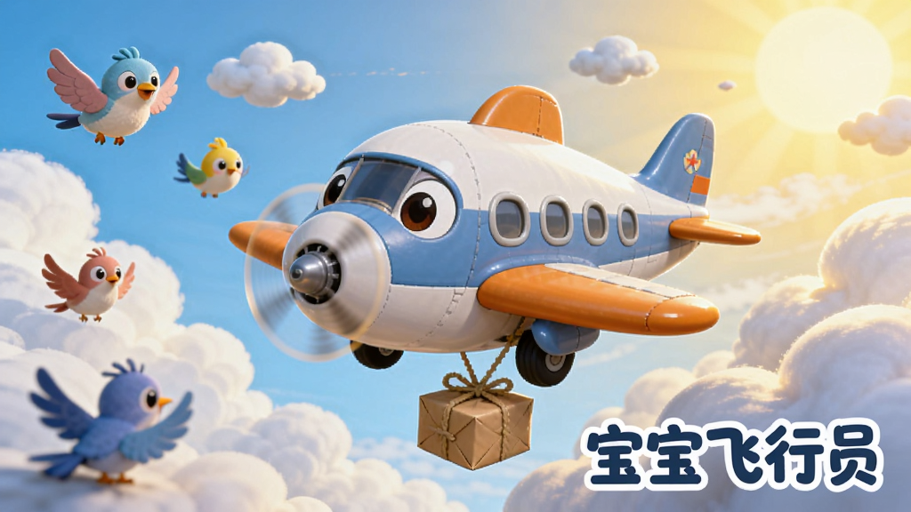 һ����ͨ���ķ������񳡾��廭��������һ��Բ��ɰ��Ŀ�ͨ�ɻ�����Խ�����ƣ�ǰ���м�ֻ��ɫС���Ư�����ƶ��ϰ����ɻ��·�������һ��������������ε����պ���ů�����⣬���������Բ������д�š���������Ա����������������졢ϸ�ڷḻ�����ʸɾ�