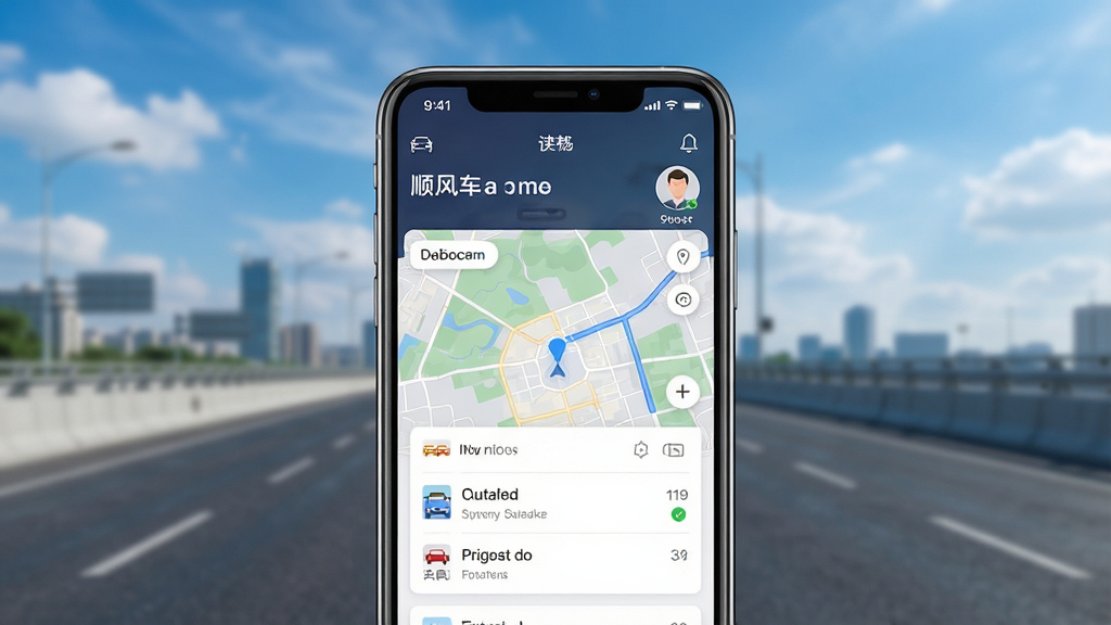 一张展示顺风车出行车主端手机应用界面的高清预览图,画面中央放置一部智能手机,屏幕显示顺风车出行车主端的主页,包含订单列表、地图导航和车主头像等元素,背景为城市道路与蓝天白云,布局简洁清晰,风格现代科技感,细节丰富,画质干净,无多余元素,4K高清