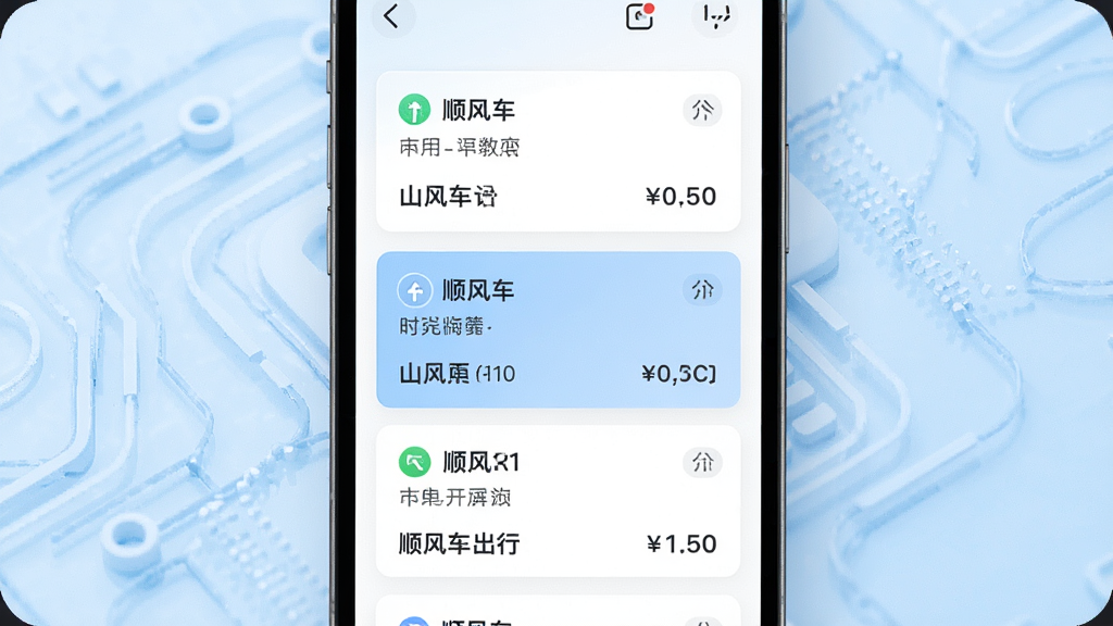 顺风车出行车主端智能订单匹配功能展示图,画面中一部手机屏幕显示多个顺路订单卡片,卡片上标注起终点、时间和费用,背景为淡蓝色科技纹理,布局居中,风格简洁明快,细节清晰,画质干净,无多余元素,高清