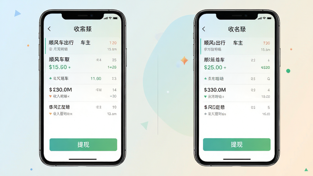 顺风车出行车主端费用结算界面展示图,手机屏幕显示收入明细列表和提现按钮,背景为浅色渐变,布局整齐,风格商务简洁,细节丰富,画质干净,无多余元素,高清