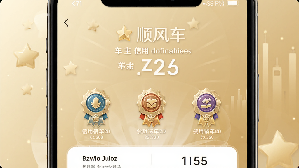 顺风车出行车主端车主信用成长体系展示图,手机屏幕显示信用分数和等级勋章,背景为淡金色渐变,布局居中,风格高端大气,细节清晰,画质干净,无多余元素,高清