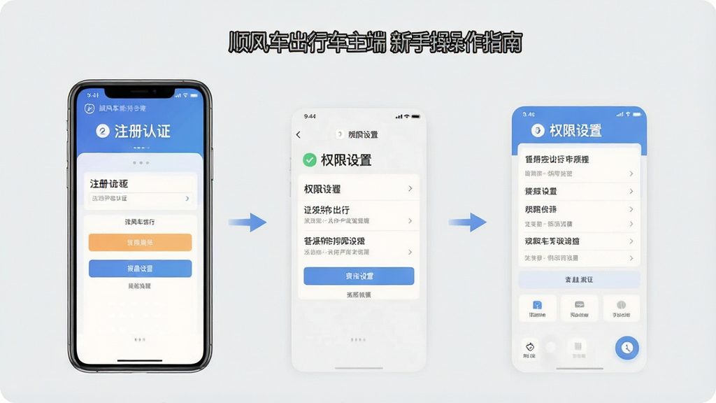 顺风车出行车主端新手操作指南示意图,手机屏幕显示注册认证步骤和权限设置页面,背景为浅灰色,布局分步展示,风格简洁教学,细节清晰,画质干净,无多余元素,高清