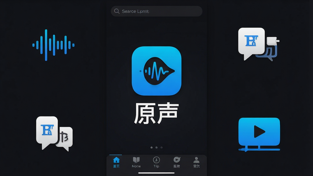 一张展示原声软件主界面的截图,画面中央是应用logo和名称“原声”,周围环绕着音频波形图标、翻译气泡图标和视频播放图标,布局简洁,采用深色背景搭配亮蓝色与白色文字,排版为手机竖屏应用界面风格,细节包括顶部搜索栏和底部导航菜单,画质清晰干净,无多余元素。