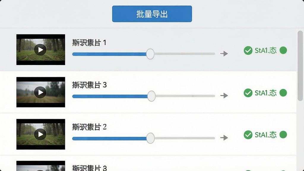 一张展示原声软件批量处理功能的界面截图,画面中显示多个视频文件以列表形式排列,每个文件旁有进度条和状态标识,顶部有“批量导出”按钮,界面采用浅灰色背景搭配蓝色按钮,布局为纵向列表,风格商务简洁,画质清晰,无多余元素。
