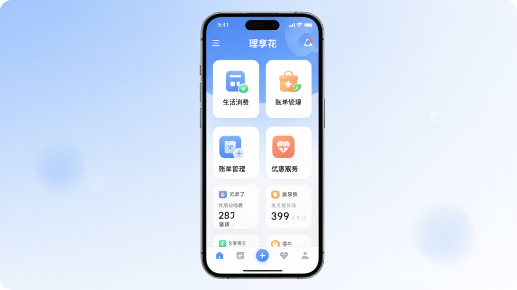 画面主体为一部智能手机,手机屏幕显示“理享花”应用主界面,界面中包含生活消费、账单管理、优惠服务等功能图标,布局清晰整洁。背景为柔和渐变浅蓝到白色,风格为现代扁平化UI设计,细节包含圆角图标、简洁数字卡片和底部导航栏,画质高清,干净,无多余元素。