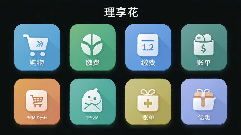 画面主体为“理享花”应用功能模块展示图,布局为网格状排列,包含购物、缴费、账单、优惠等图标,风格为清新扁平化设计,细节包含柔和阴影和圆角矩形,画质高清,干净,无多余元素。