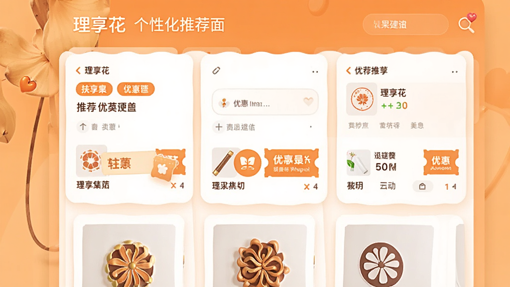 画面主体为“理享花”个性化推荐页面,布局为卡片式信息流,风格为温暖橙色调设计,细节包含推荐标签、优惠券图标和商品缩略图,画质高清,干净,无多余元素。