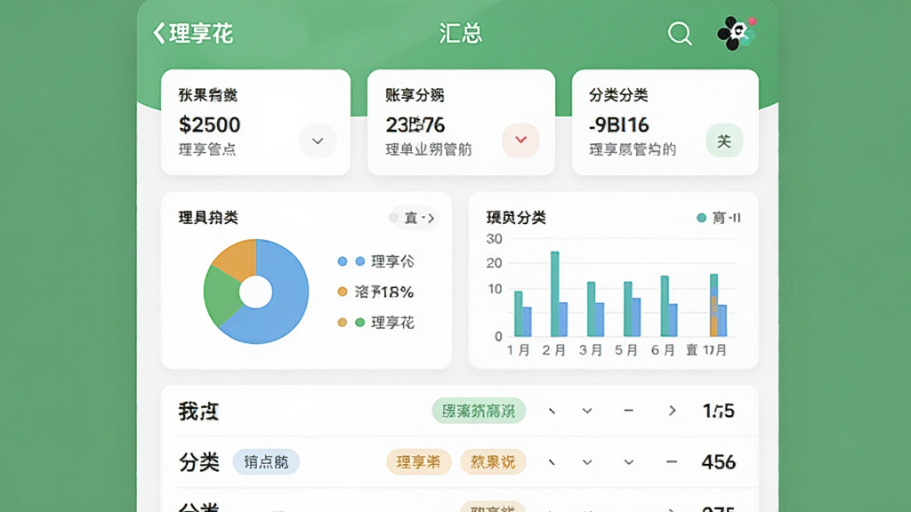 画面主体为“理享花”账单管理界面截图,布局为顶部汇总卡片加下方列表,风格为现代简约设计,细节包含饼状图、柱状图和分类标签,画质高清,干净,无多余元素。