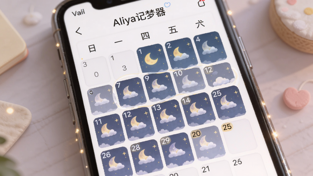 AI生成图片,主体为手机日历界面,日期格子中带有月亮和云朵图标,屏幕上方显示
