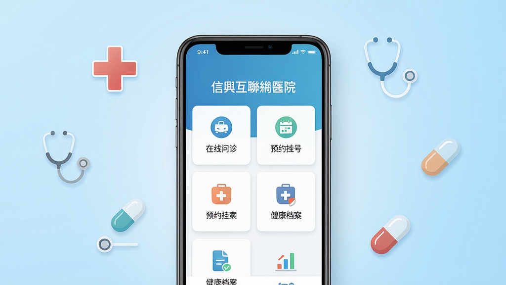 һ��չʾ�Ż�Ժ�ֻ�Ӧ�ý����ͼƬ������������һ�������ֻ�����Ļ��ʾ�Ż�ԺAPP��ҳ�������������ԤԼ�Һš����������ȹ���ģ��ͼ�꣬����Ϊ�ɾ���ǳ��ɫ���䣬��Χ����ҽ��ʮ�֡���������ҩ��ȼ��ͼ��Ԫ�أ������Ű��������򣬷���ִ���Լ��ϸ�ھ��£����ʸ��壬����ɾ����޶���Ԫ��