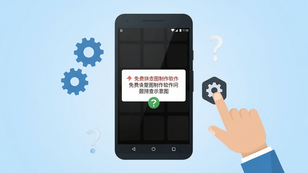 免费拼豆图制作软件问题排查示意图,画面展示一部安卓手机屏幕出现错误提示,旁边有手指点击设置图标,背景为浅蓝色渐变,布局居中,排版简洁,风格为扁平化插画风,细节包含手机、齿轮图标、问号元素,画质高清,干净,无多余元素