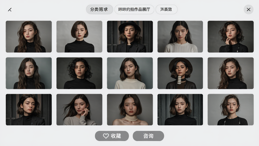 ����Լ����Ʒչ�����棬�����������״��Ƭǽ���֣�ÿ����Ƭչʾ��ͬ��������д�棬�����з���ɸѡ��ǩ���ײ����ղغ���ѯ��ť������Ϊǳ��ɫ�����ɾ����䣬ϸ��͹����Ƭ����ͼ�������ȣ����ʸ����޶���Ԫ��