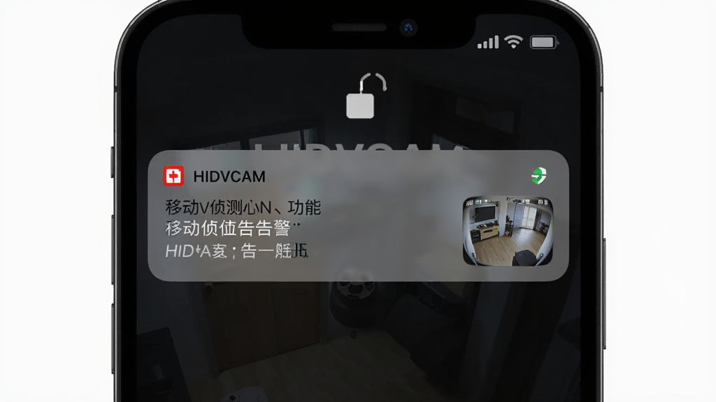 HIDVCAM �ƶ����澯����չʾͼ������Ϊ�ֻ�����֪ͨ���棬֪ͨ������ʾ HIDVCAM �澯��ʾ������С�ߴ��ؽ�ͼ������Ϊ��ɫ�����ּ�࣬�Ű����������дʵ�����ʸ��壬�޶���Ԫ��