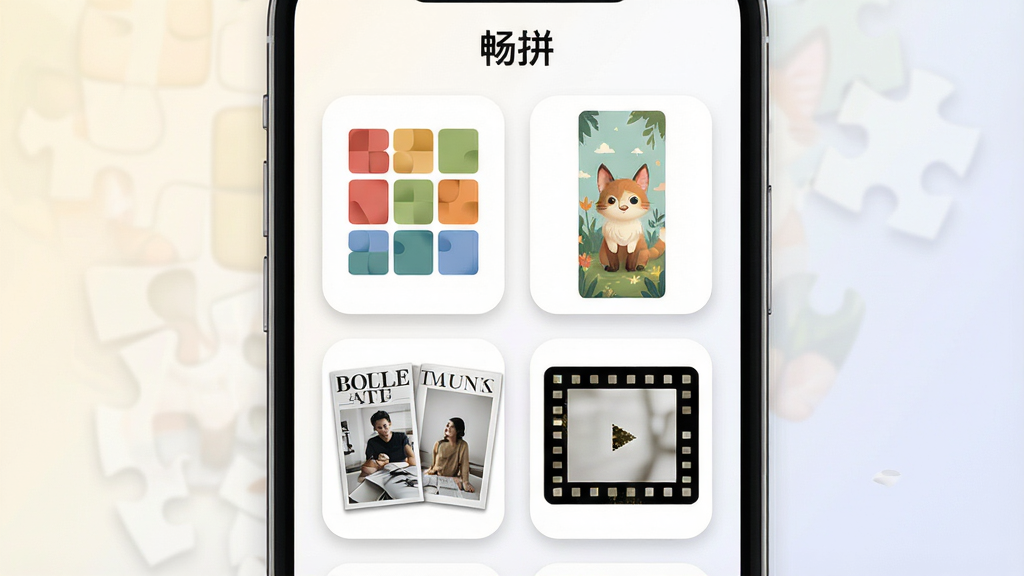��ƴģ��ѡ����棬��������Ϊ�ֻ���Ļ��չʾ���ƴͼģ������ͼ�������Ź��񡢳�ͼ����־���뽺Ƭ����ʽ����Ļ�Ϸ���ʾ����ƴ�����ƣ�����Ϊǳɫ���䣬����Ϊ������������У���������죬ϸ�ڰ���Բ�ǿ�Ƭ�����ͶӰ�����ʸ��壬�ɾ����޶���Ԫ��