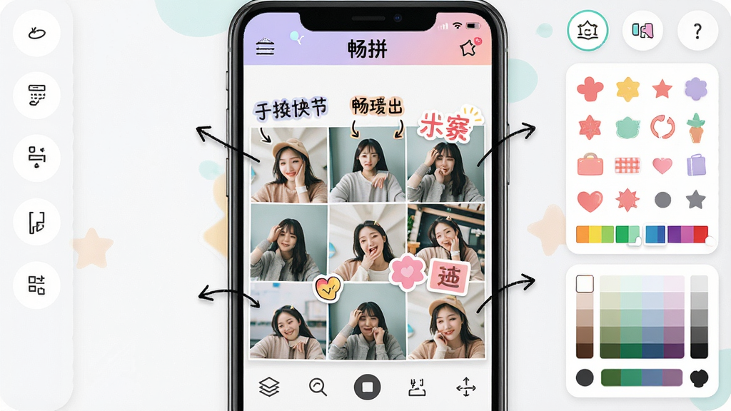 ��ƴ�༭���棬����Ϊ�ֻ���Ļ��ʾһ�Ŷ�ͼƴ����Ʒ��ͼƬ�����������ֱ�ע����ͷ����ֽװ�Σ���Ļ�����С���ƴ�����ƣ���Χ�������ֹ��ߡ���ֽ�������ɫѡ����������Ϊ�༭����̨��ʽ�����Ϊ���»��õ��ƶ�Ӧ�ý��棬ϸ�ڰ���ͼ�㰴ť�빤���������ʸ��壬�ɾ����޶���Ԫ��