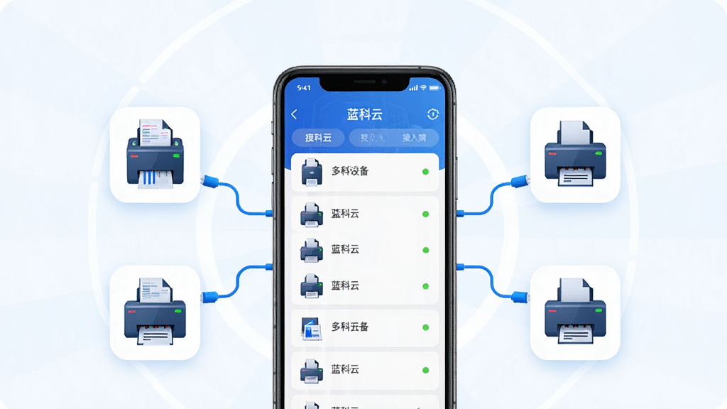 һ��չʾ�����ƶ��豸ͳһ���빦�ܵ�ͼƬ������������һ̨�ֻ���Ļ��ʾ�������豸�б����棬��Ļ��ΧƯ������ʽ��ӡ���������ӡ������ī��ӡ����Сͼ�꣬���ֲ������ķ���ʽ�Ű棬���Ϊ��ˬ������Ƽ��磬ϸ�ڰ�����ɫ��ɫ�����豸״ָ̬ʾ�ơ�������Ԫ�أ����ʸ��壬����ɾ����޶���Ԫ��