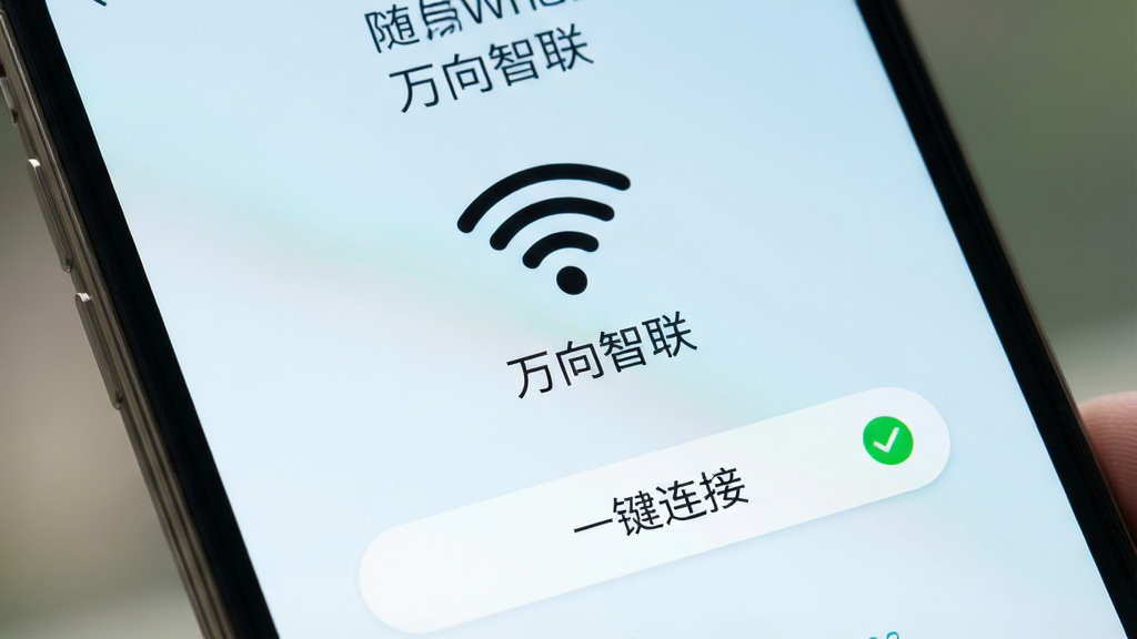 һ��չʾ������������WiFi����ҳ���ͼƬ������Ϊ�ֻ���Ļ��д����������ΪWiFi�ź�ͼ�����豸���ƣ��·�Ϊ��һ�����ӡ���ť���Ű�۽����ģ����Ϊ����ǳɫϵ��ϸ�ڰ���������������ɫ��ť����ɫ���ӳɹ���ʶ�����ʸɾ���������Ļ����Ϊ������������