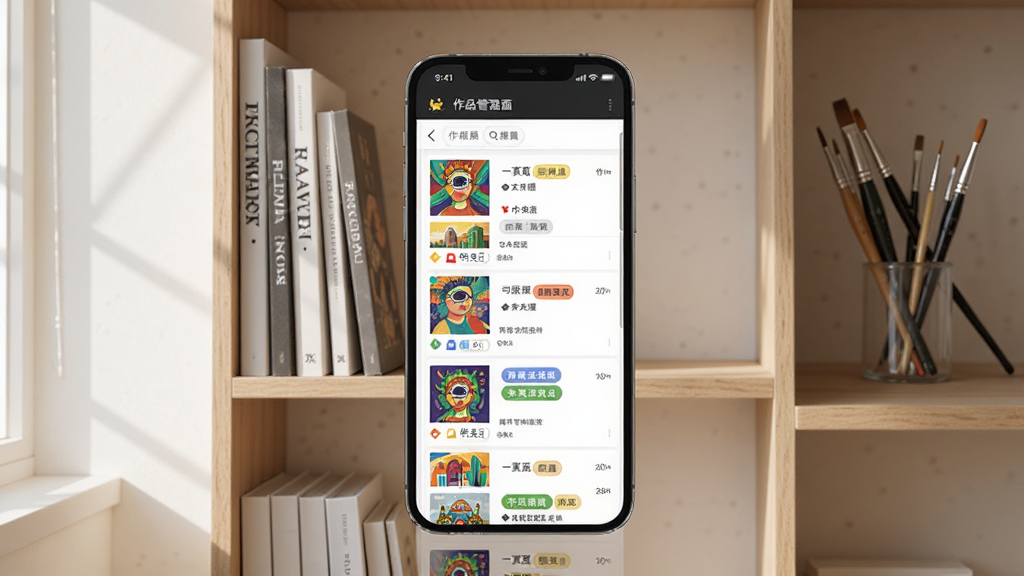 һ������Ʒ�������棬�ֻ���Ļ��ʾ��Ʒ�����б���ÿ����Ʒ��������ͼ��״̬��ǩ������Ϊ��Լ��ܣ�����ϰڷŻ����뻭�ʣ����ߴ�������룬���Ϊдʵ��Ʒչʾ��ϸ�ڰ�����Ļ����������������ͼɫ�ʷḻ����ǩ��ɫ�������ԣ����ʸɾ�����