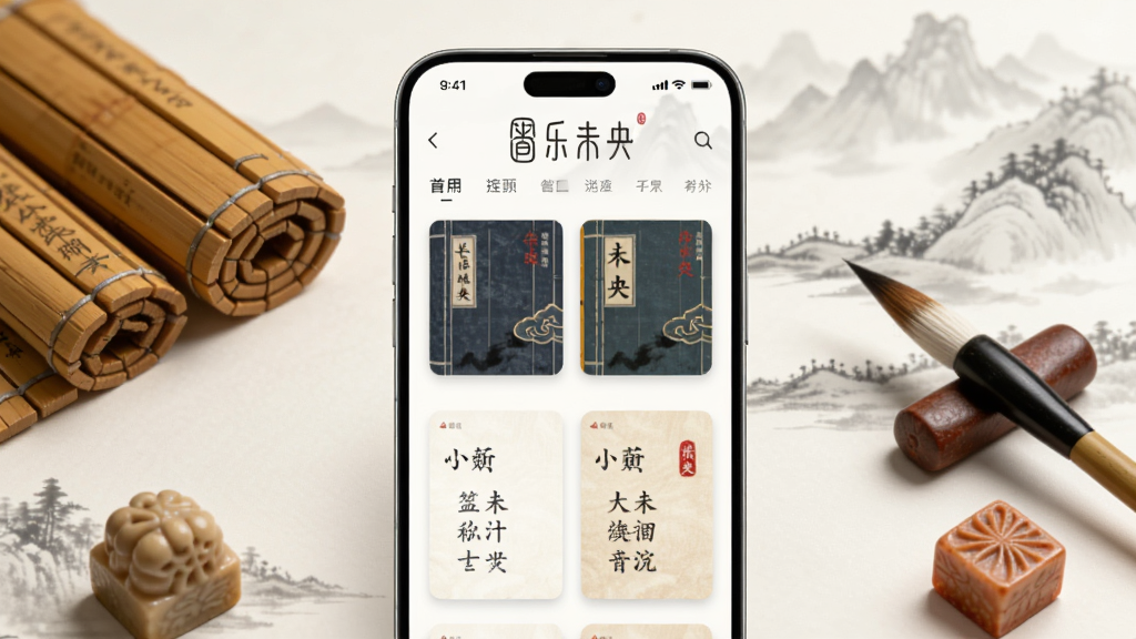 ����������һ�������ֻ�����Ļ����ʾ����δ��Ӧ�õ���ҳ���棬�����������Źŷ��鼮�����ʫ�ʿ�Ƭ���ֻ���Χɢ�������ë�ʺ�ӡ�£���������͵�ˮīɽˮ������������£��Ű��࣬���ʸɾ�������