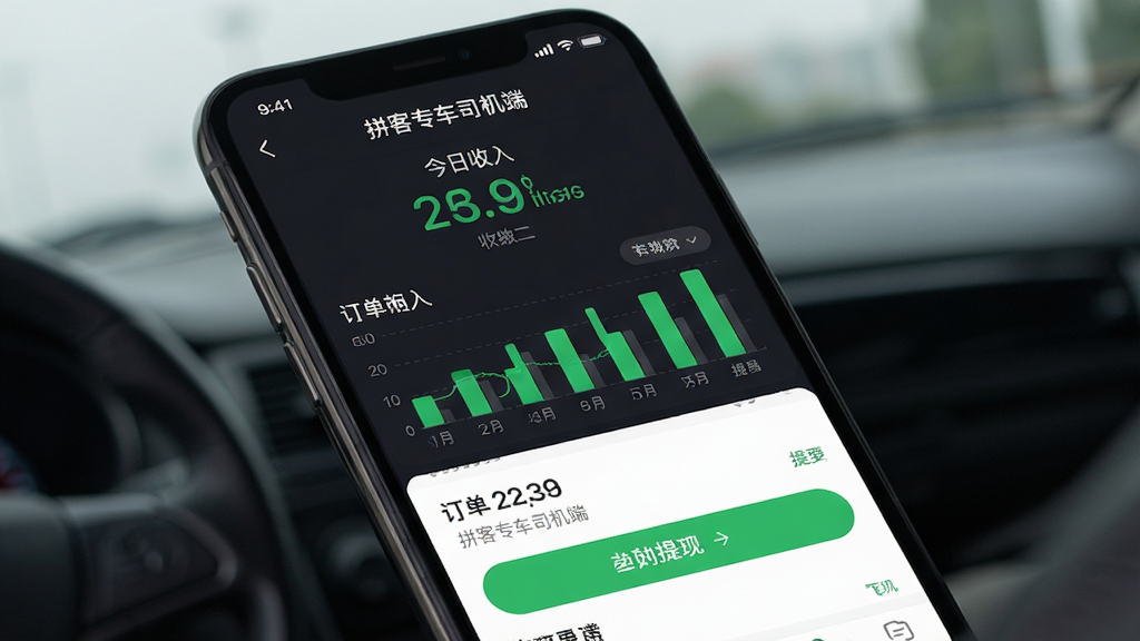 拼客专车司机端收益明细页面展示,主体为手机屏幕显示收入统计图表与提现按钮,布局为上下结构,上方为今日收入数字,下方为订单列表与提现入口,风格为清爽的财务类应用界面,细节包含绿色收益数字、柱状图、提现按钮,画质高清干净,图片中文字显示“拼客专车司机端”