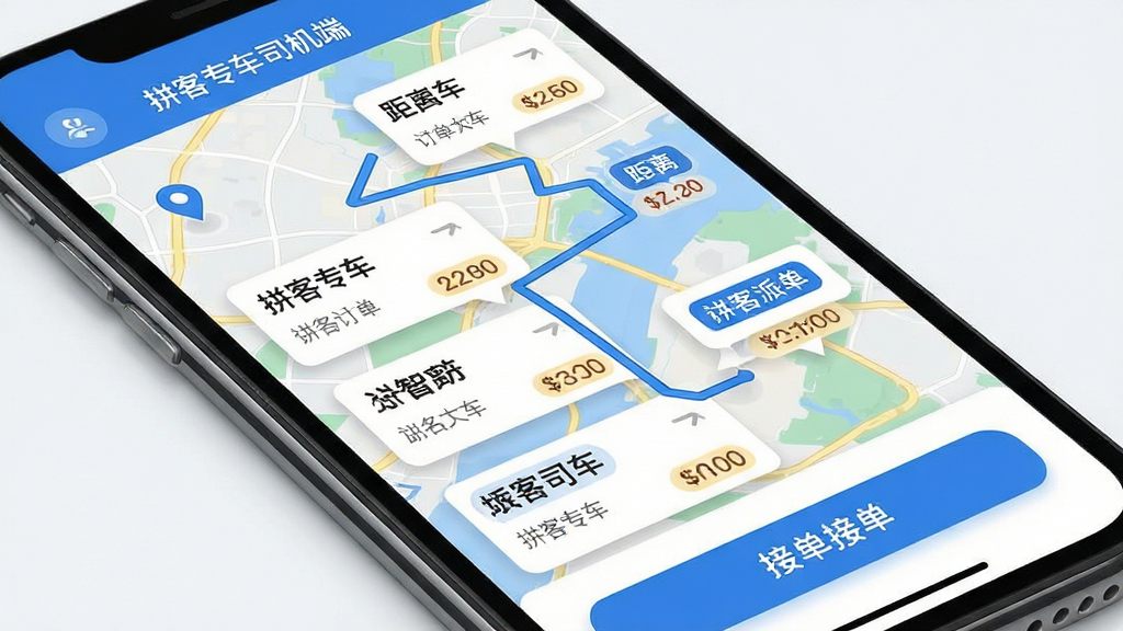 拼客专车司机端智能派单功能展示,主体为手机屏幕显示地图上多个订单气泡与路线连线,布局为手机界面特写,排版突出订单列表与接单按钮,风格为简洁明快的移动应用界面风,细节包含蓝色定位图标、订单卡片、距离与价格标签,画质高清干净,图片中文字显示“拼客专车司机端”