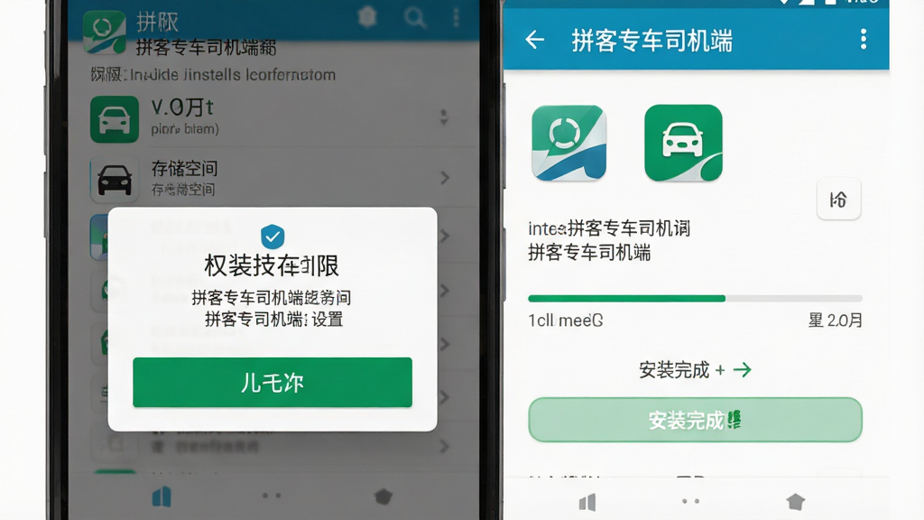 拼客专车司机端安装与设置界面展示,主体为手机屏幕显示权限授权弹窗与安装进度条,布局为手机特写,排版突出允许按钮与安装完成提示,风格为安卓系统原生界面风,细节包含权限列表、存储空间提示、安装包图标,画质高清干净,图片中文字显示“拼客专车司机端”
