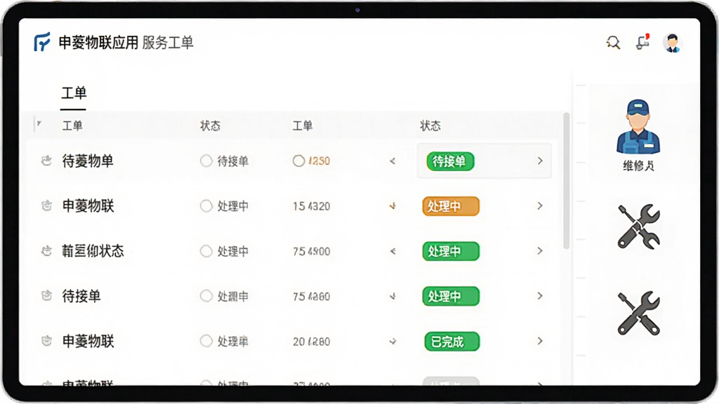��������Ӧ���еķ��񹤵�ҳ�棬��Ļ��ʾ�����б��봦��״̬��ǩ���������ӵ��������С�����ɵ�״̬�������Ҳ���ά����Աͼ���빤��ͼ�꣬����Ϊ��ɫ���Ű����룬��������࣬���廭�ʣ��޶���Ԫ��